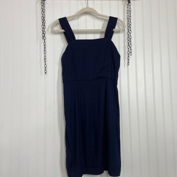 NWT H Halston Navy Blue Stretch Linen Squared Neck Smocked Mini Dress Size 2 - Picture 1 of 7
